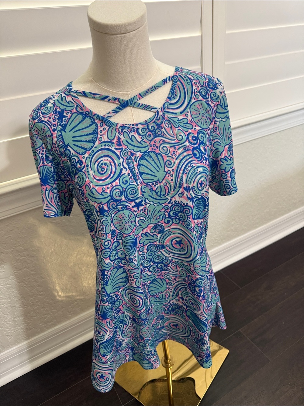 Simply Southern Blue Multi Crisscross Neck Short Sleeve Tee Tunic